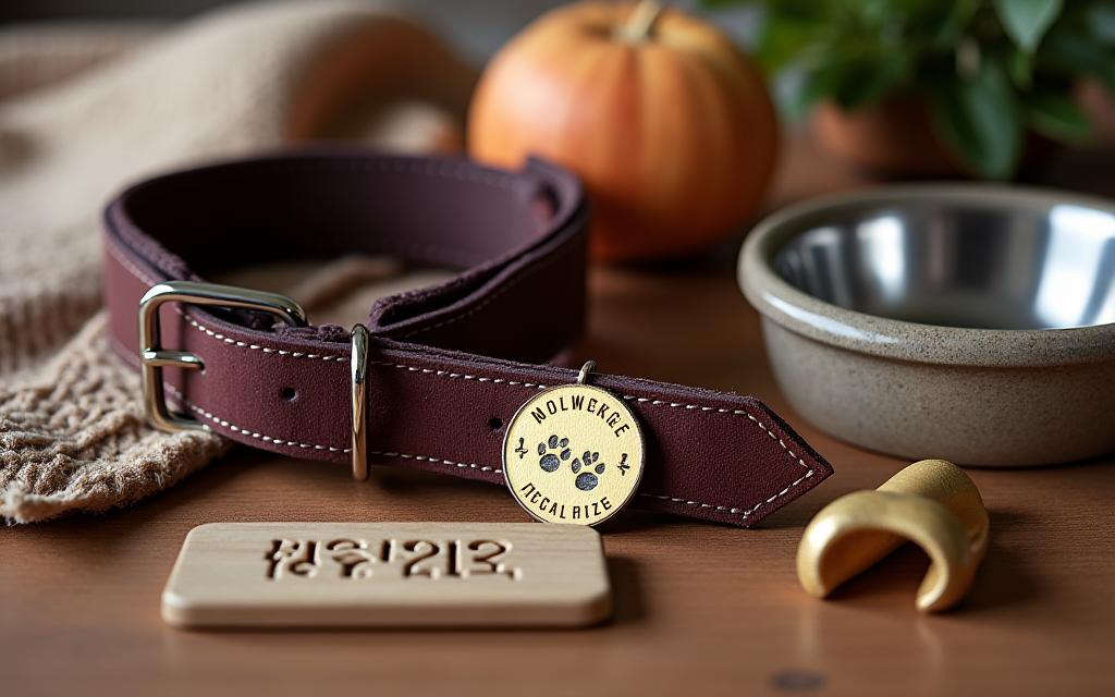 Custom personalized pet products including engraved tags and collars