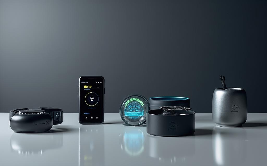 Modern smart pet gadgets including GPS trackers and wellness monitors